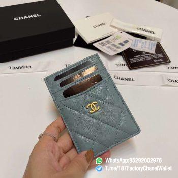 187 Factory Chanel Classic Card Holder Vert Blue Grained Shiny Gold Tone Metal 01