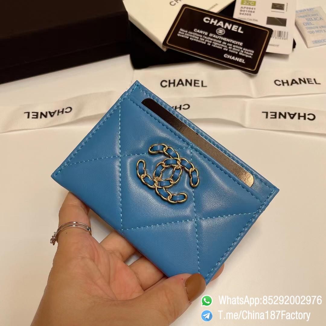 187 Factory Bags Chanel 19 Card Holder Blue Shiny Lambskin Gold Tone Metal 02 187 Factory Bags Chanel 19 Card Holder Blue Shiny Lambskin Gold Tone Metal 02