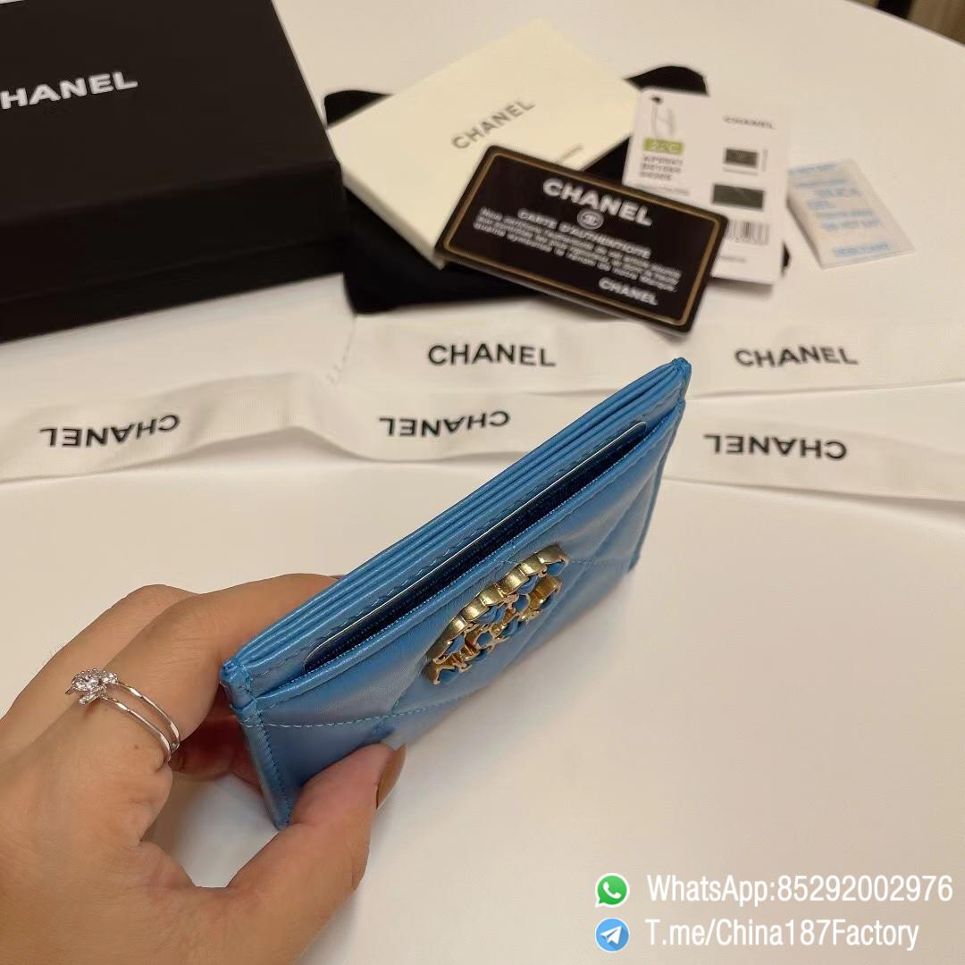 187 Factory Bags Chanel 19 Card Holder Blue Shiny Lambskin Gold Tone Metal 06 187 Factory Bags Chanel 19 Card Holder Blue Shiny Lambskin Gold Tone Metal 06