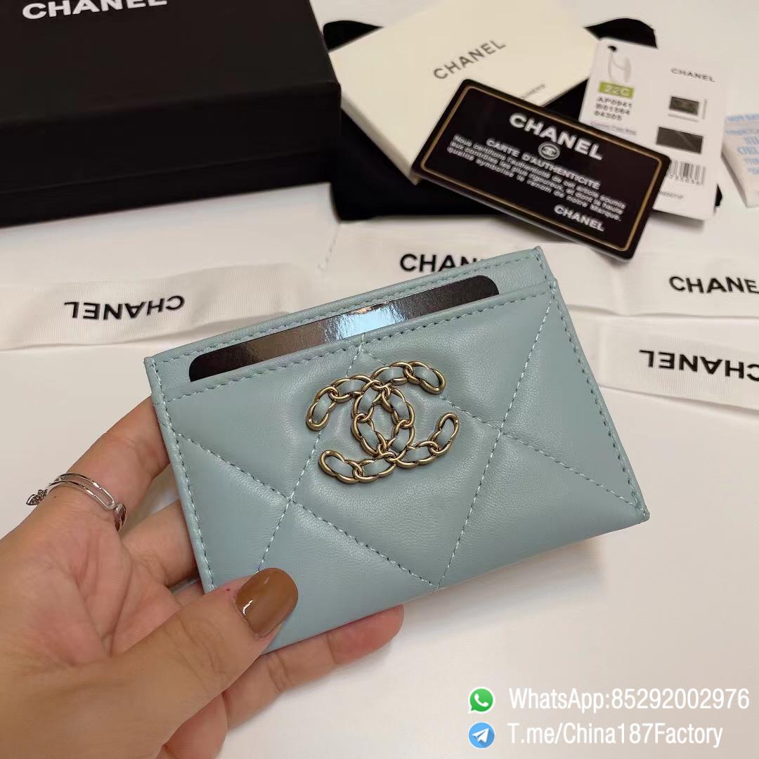 187 Factory Bags Chanel 19 Card Holder Sky Blue Shiny Lambskin Gold Tone Metal 01 187 Factory Bags Chanel 19 Card Holder Sky Blue Shiny Lambskin Gold Tone Metal 01