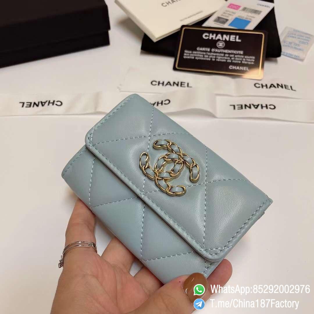 187 Factory Bags Chanel 19 Flap Card Holder Sky Blue Shiny Lambskin Gold Tone Metal 02 187 Factory Bags Chanel 19 Flap Card Holder Sky Blue Shiny Lambskin Gold Tone Metal 02
