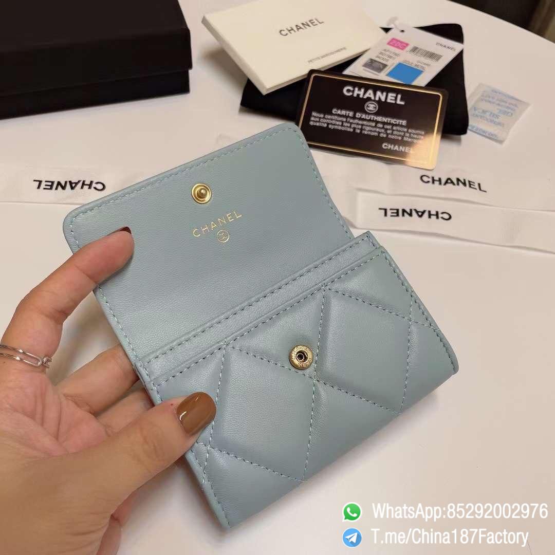 187 Factory Bags Chanel 19 Flap Card Holder Sky Blue Shiny Lambskin Gold Tone Metal 06 187 Factory Bags Chanel 19 Flap Card Holder Sky Blue Shiny Lambskin Gold Tone Metal 06