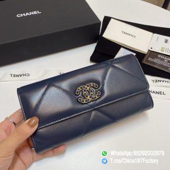 187 Factory Bags Chanel 19 Long Wallet Abysse Blue Shiny Lambskin Gold Tone Metal 01