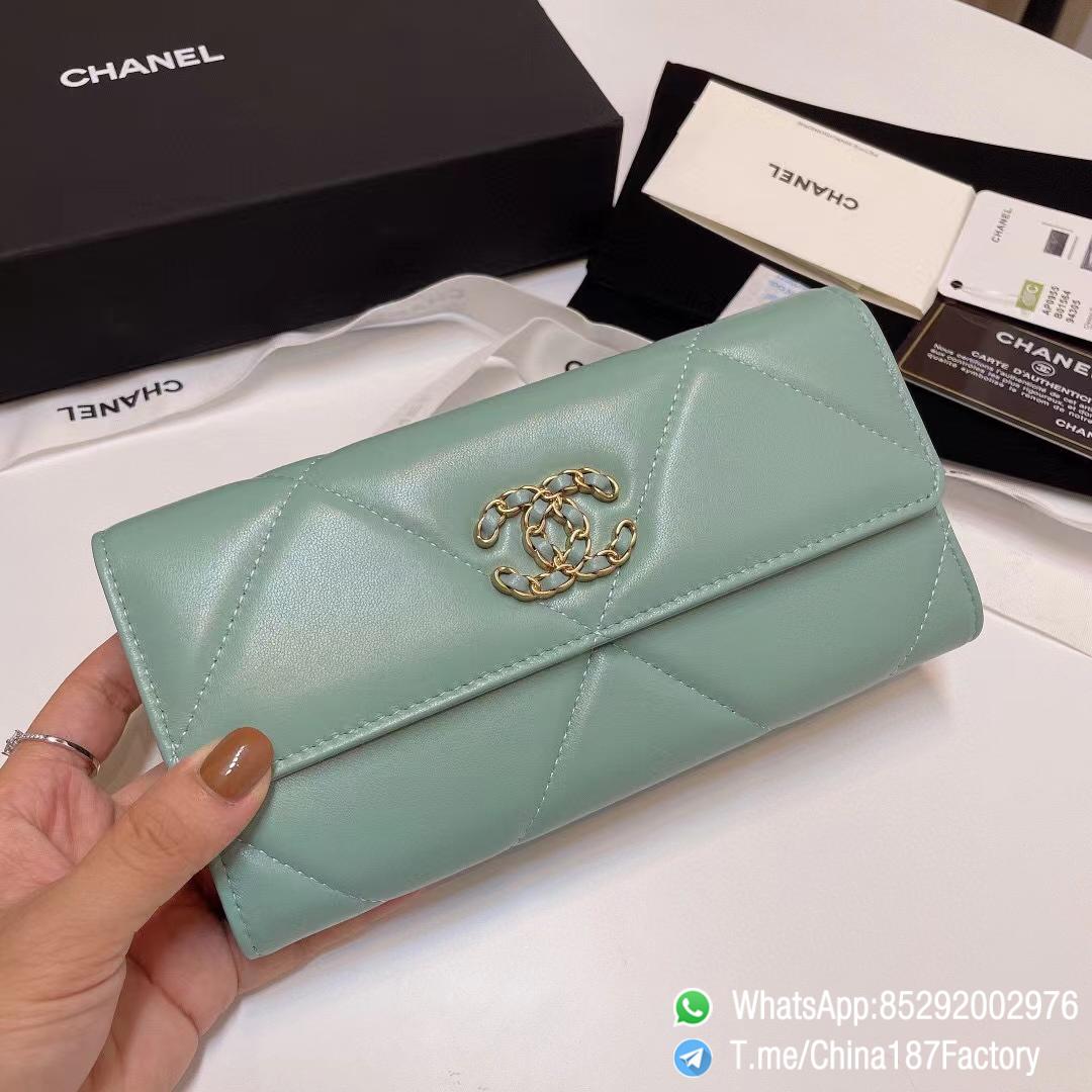 187 Factory Bags Chanel 19 Long Wallet Aqua Green Shiny Lambskin Gold Tone Metal 01 187 Factory Bags Chanel 19 Long Wallet Aqua Green Shiny Lambskin Gold Tone Metal 01