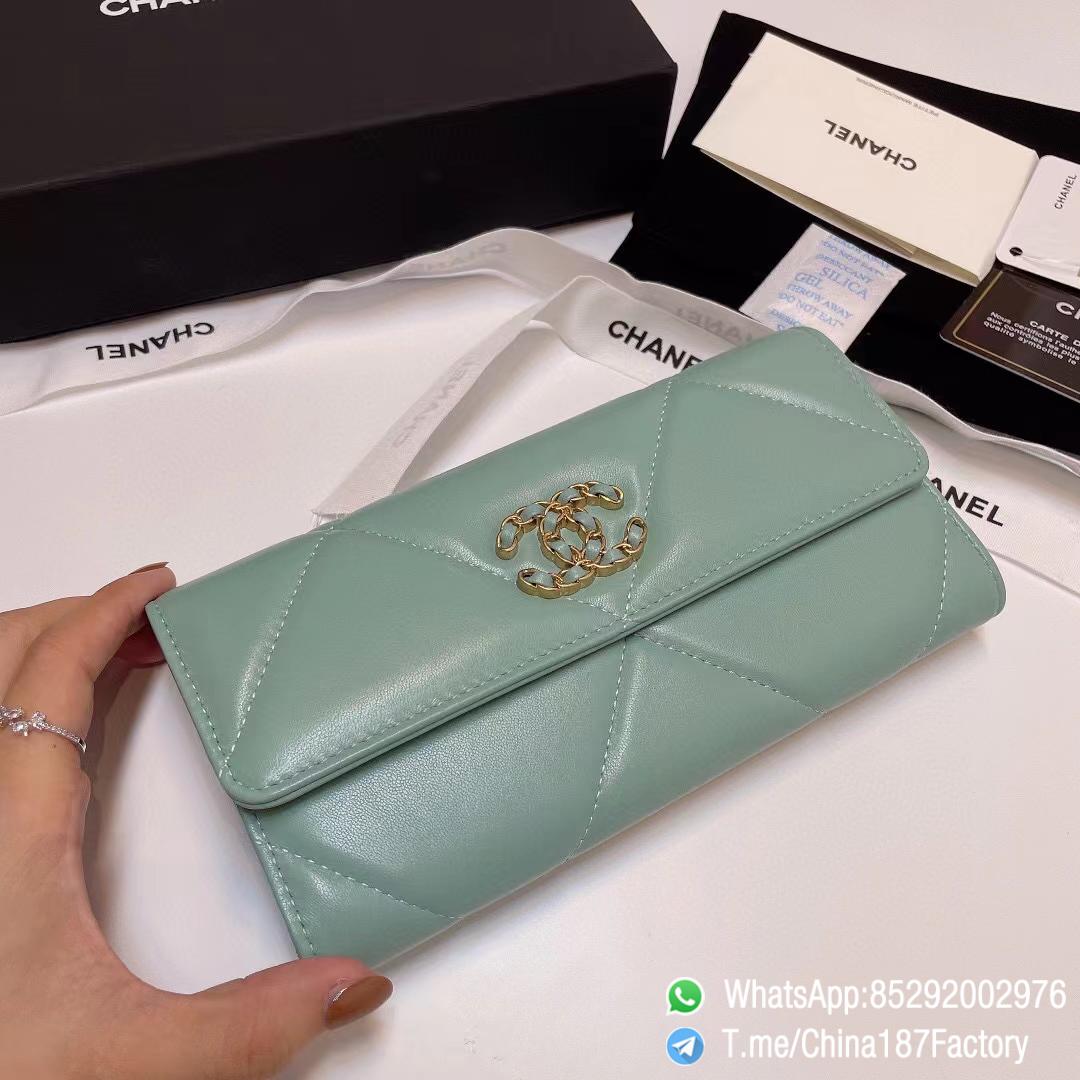 187 Factory Bags Chanel 19 Long Wallet Aqua Green Shiny Lambskin Gold Tone Metal 03 187 Factory Bags Chanel 19 Long Wallet Aqua Green Shiny Lambskin Gold Tone Metal 03