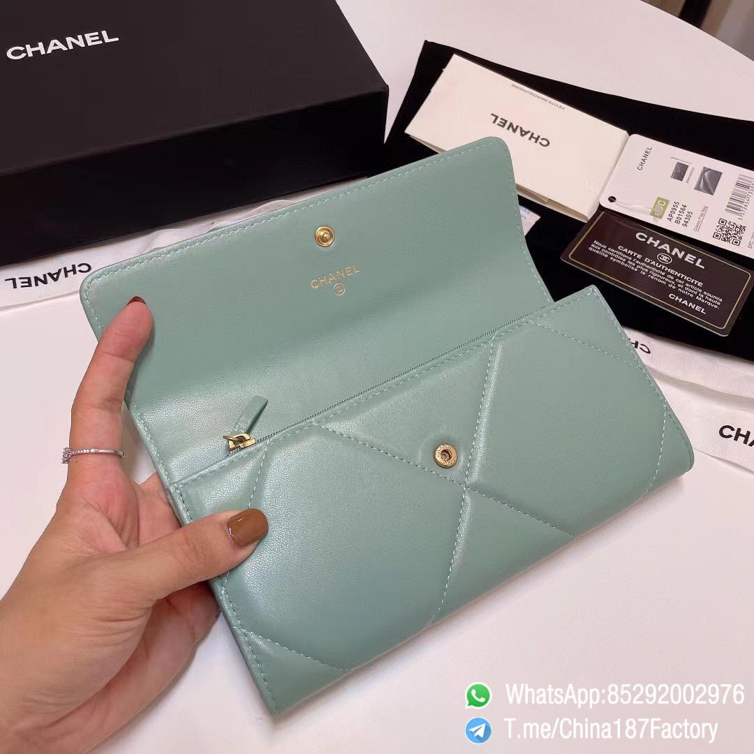 187 Factory Bags Chanel 19 Long Wallet Aqua Green Shiny Lambskin Gold Tone Metal 06 187 Factory Bags Chanel 19 Long Wallet Aqua Green Shiny Lambskin Gold Tone Metal 06