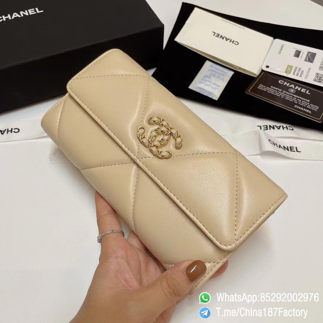 187 Factory Bags Chanel 19 Long Wallet Beige Shiny Lambskin Gold Tone Metal 02 187 Factory Bags Chanel 19 Long Wallet Beige Shiny Lambskin Gold Tone Metal 02
