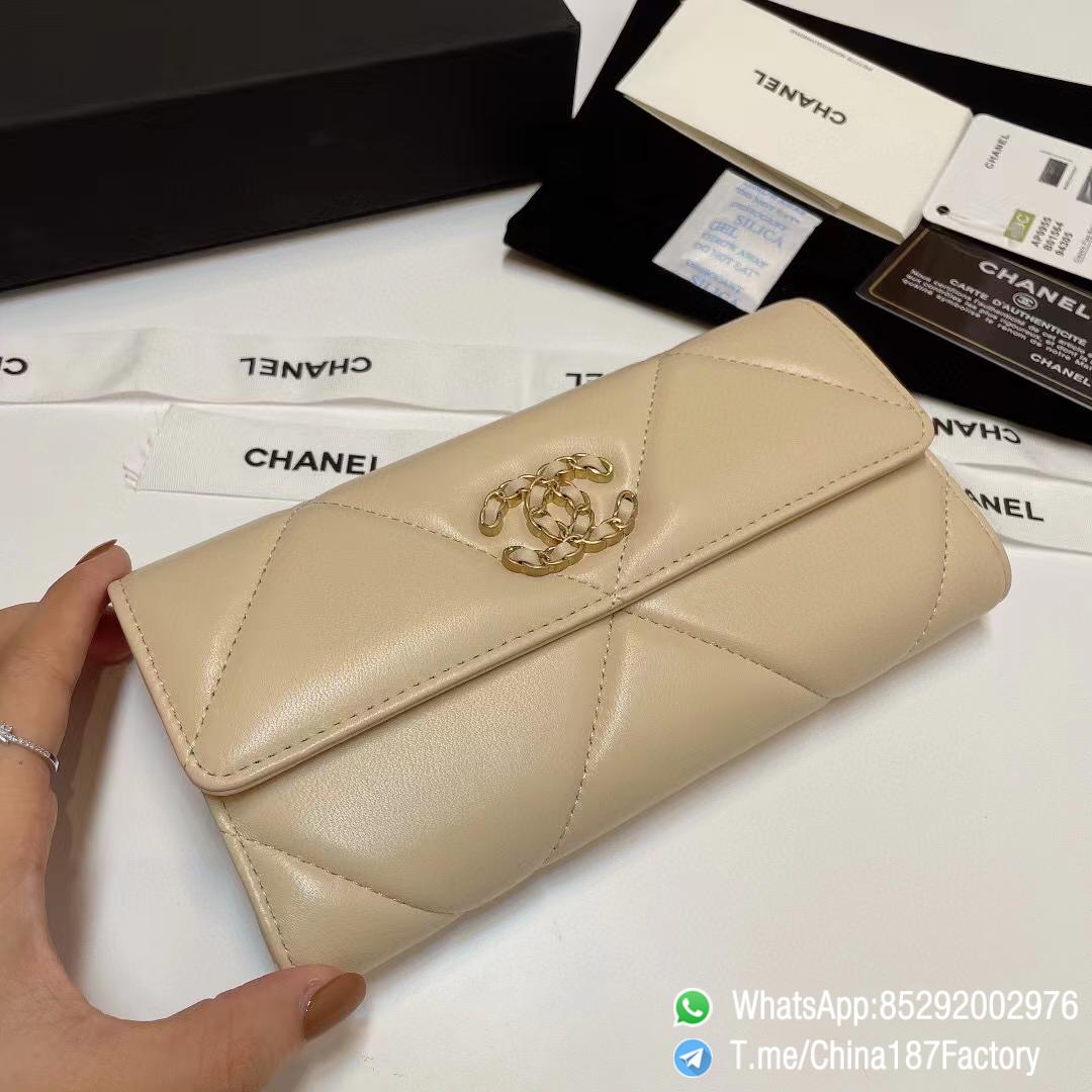 187 Factory Bags Chanel 19 Long Wallet Beige Shiny Lambskin Gold Tone Metal 04 187 Factory Bags Chanel 19 Long Wallet Beige Shiny Lambskin Gold Tone Metal 04