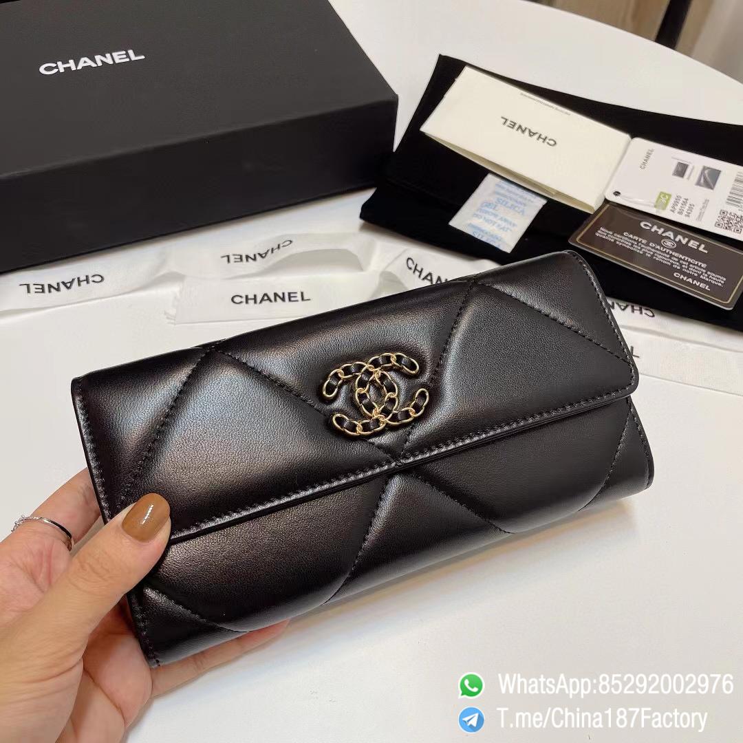 187 Factory Bags Chanel 19 Long Wallet Black Shiny Lambskin Gold Tone Metal 01 187 Factory Bags Chanel 19 Long Wallet Black Shiny Lambskin Gold Tone Metal 01