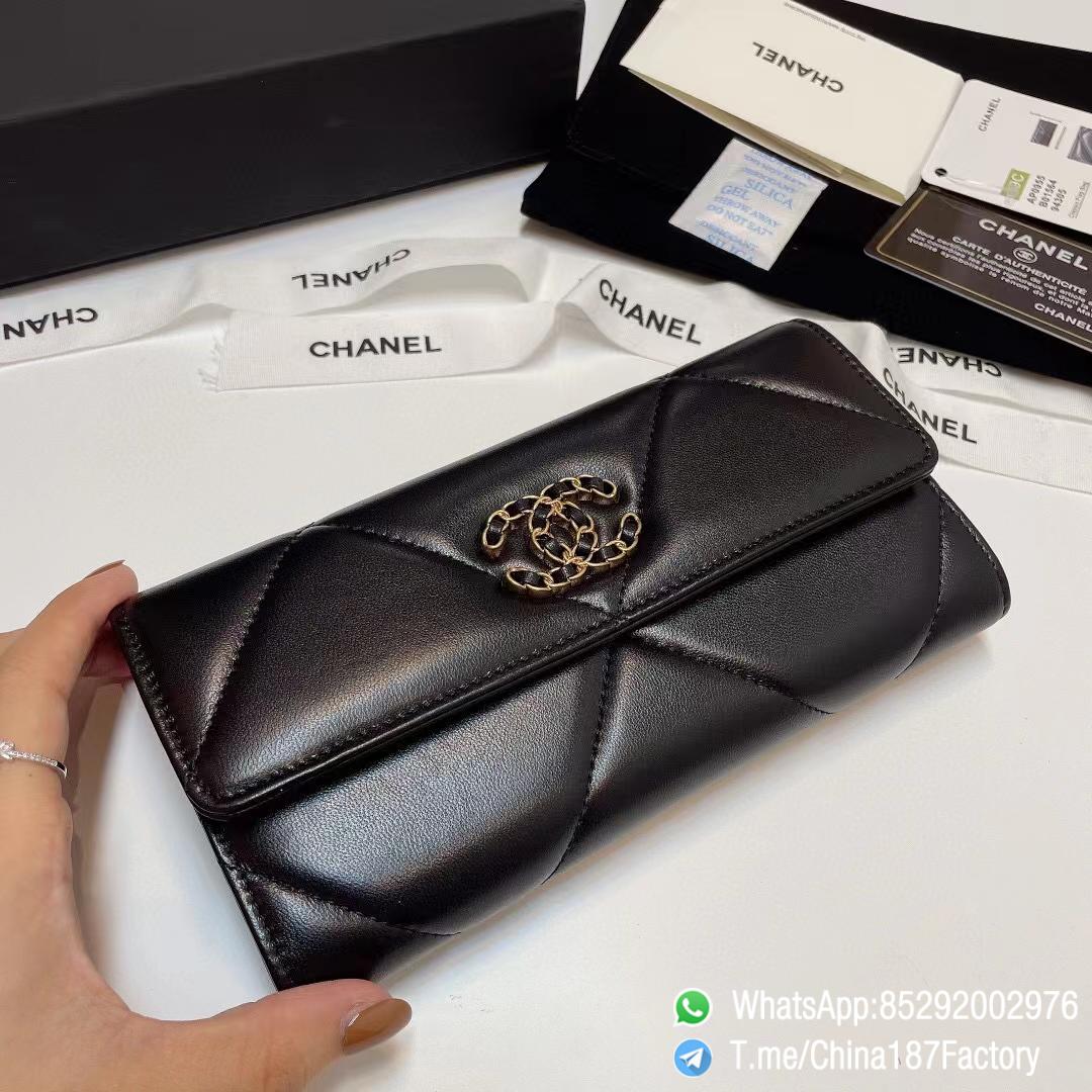 187 Factory Bags Chanel 19 Long Wallet Black Shiny Lambskin Gold Tone Metal 04 187 Factory Bags Chanel 19 Long Wallet Black Shiny Lambskin Gold Tone Metal 04