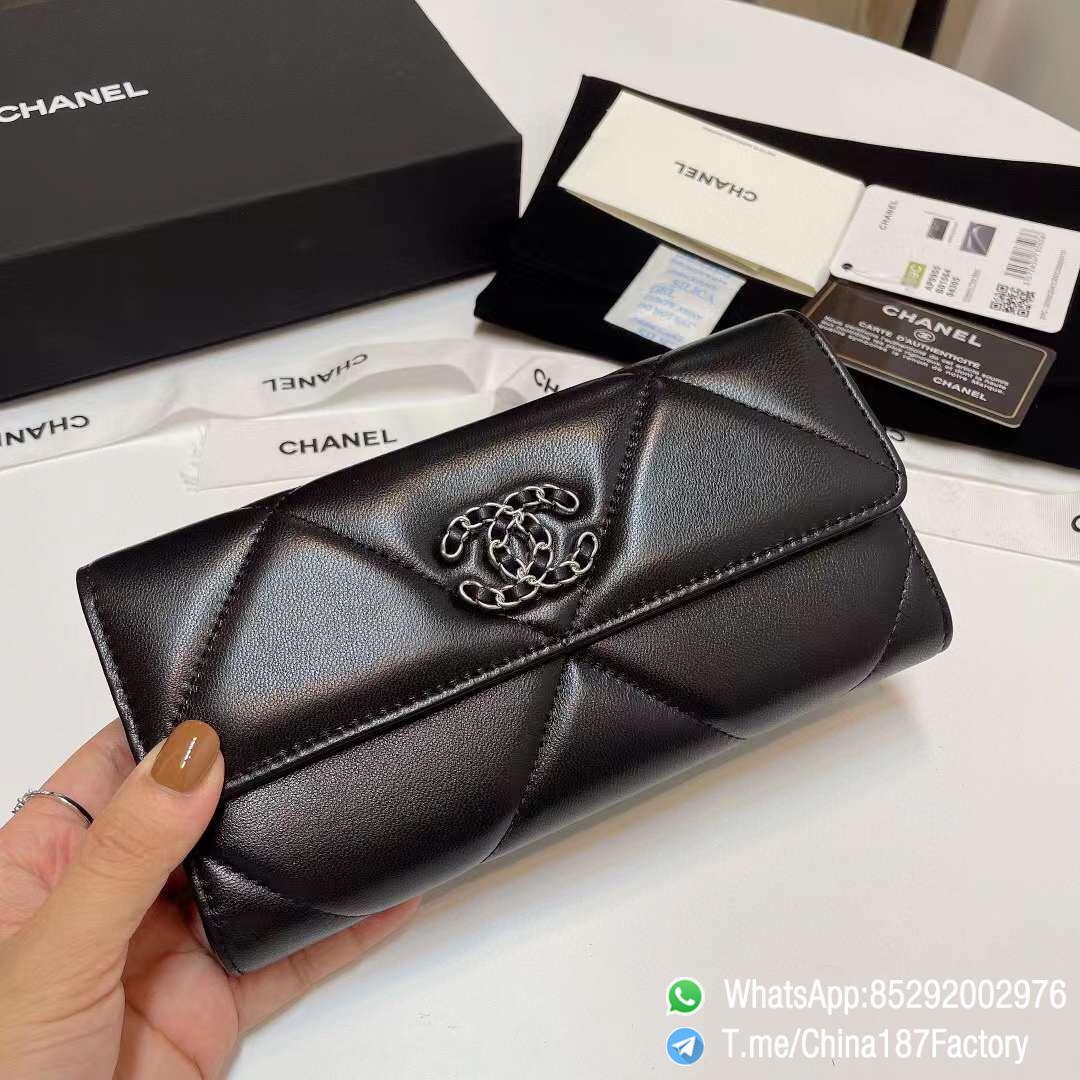 187 Factory Bags Chanel 19 Long Wallet Black Shiny Lambskin Silver Tone Metal 01 187 Factory Bags Chanel 19 Long Wallet Black Shiny Lambskin Silver Tone Metal 01