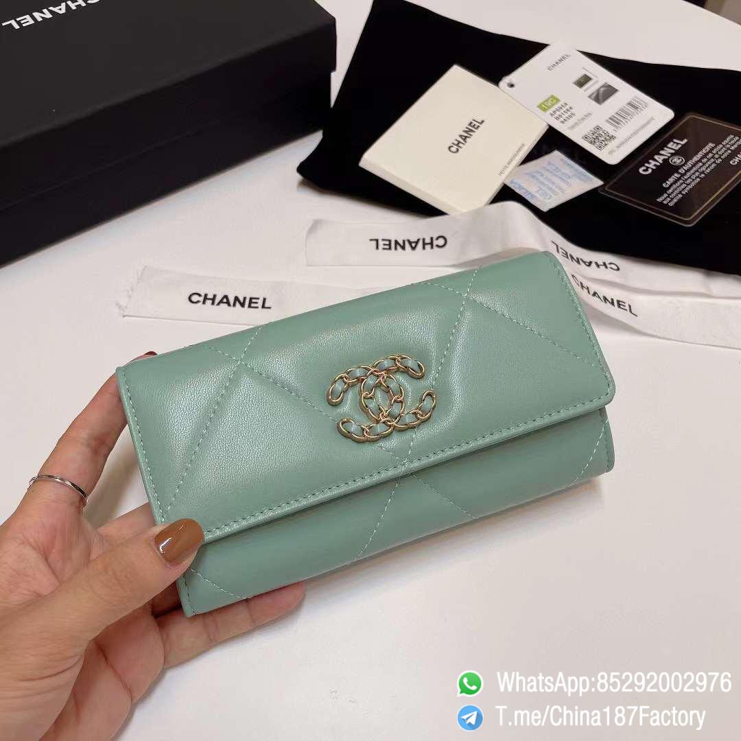 187 Factory Bags Chanel 19 Middle Cambon Wallet Aqua Green Shiny Lambskin Gold Tone Metal 01 187 Factory Bags Chanel 19 Middle Cambon Wallet Aqua Green Shiny Lambskin Gold Tone Metal 01