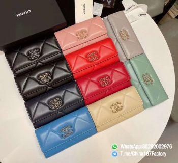 187 Factory Bags Chanel 19 Middle Wallet Snap Fastener Shiny Lambskin Gold Tone Metal 03