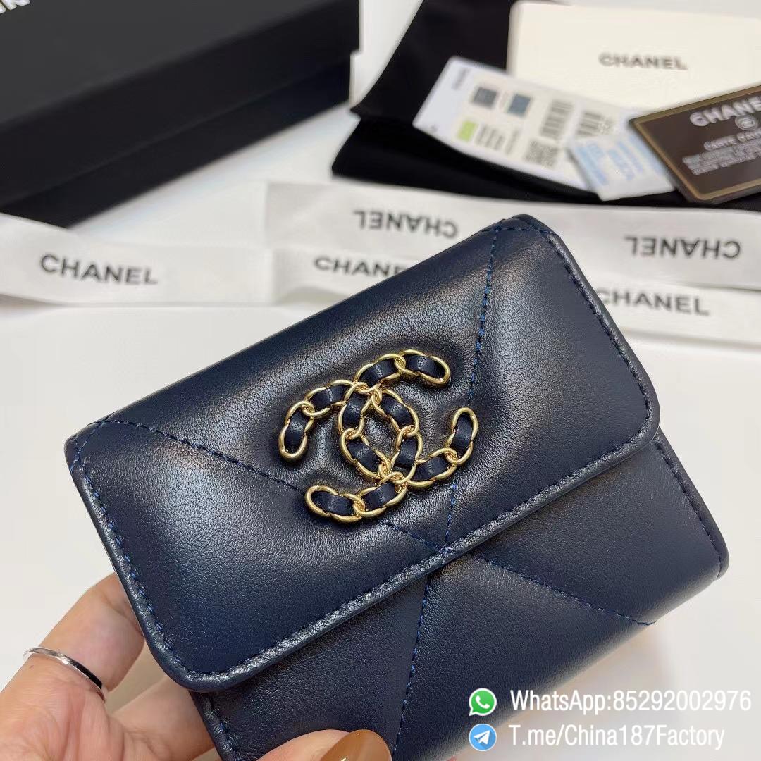 187 Factory Bags Chanel 19 Mini Three Fold Wallet Abysse Blue Shiny Lambskin Gold Tone Metal 06 187 Factory Bags Chanel 19 Mini Three Fold Wallet Abysse Blue Shiny Lambskin Gold Tone Metal 06