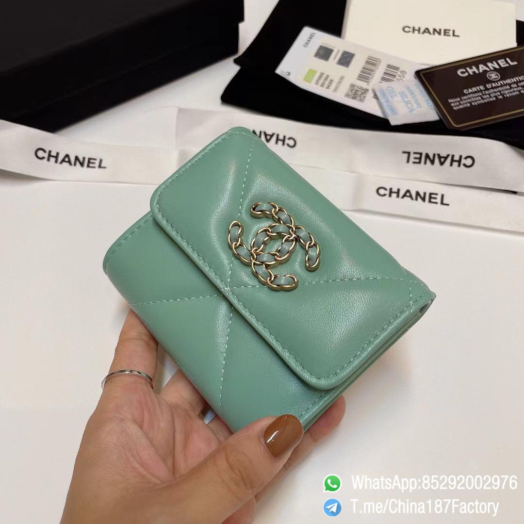 187 Factory Bags Chanel 19 Mini Three Fold Wallet Aqua Green Shiny Lambskin Gold Tone Metal 02 187 Factory Bags Chanel 19 Mini Three Fold Wallet Aqua Green Shiny Lambskin Gold Tone Metal 02