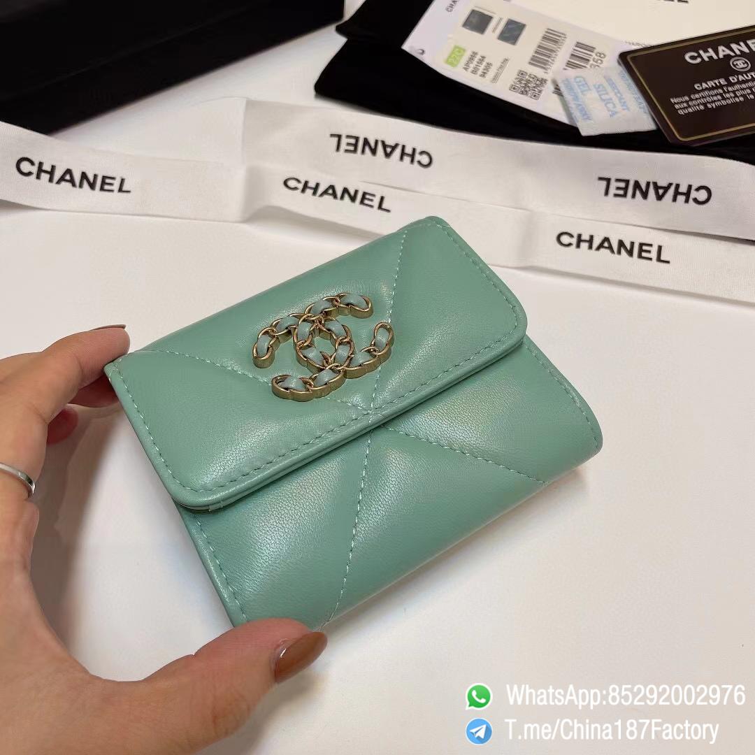 187 Factory Bags Chanel 19 Mini Three Fold Wallet Aqua Green Shiny Lambskin Gold Tone Metal 04 187 Factory Bags Chanel 19 Mini Three Fold Wallet Aqua Green Shiny Lambskin Gold Tone Metal 04