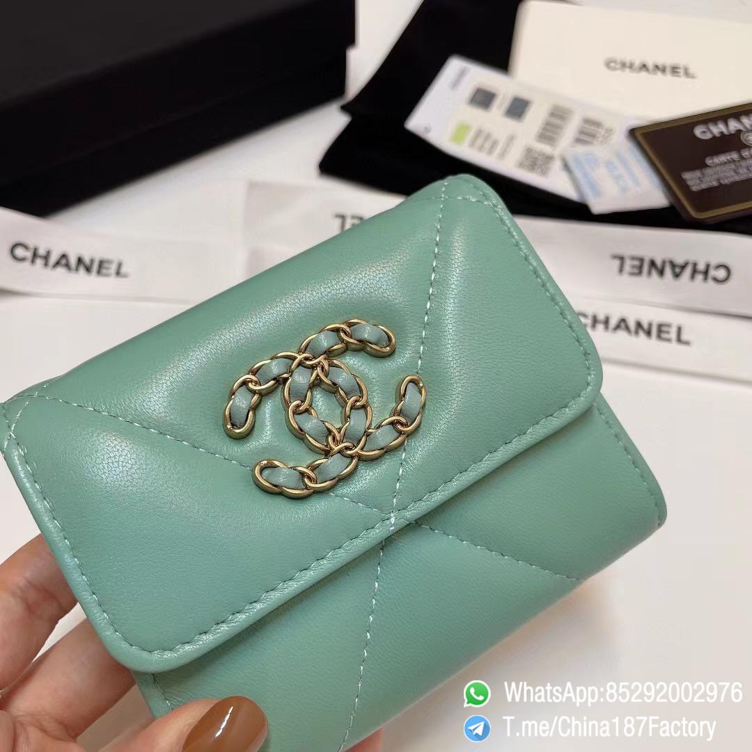 187 Factory Bags Chanel 19 Mini Three Fold Wallet Aqua Green Shiny Lambskin Gold Tone Metal 06 187 Factory Bags Chanel 19 Mini Three Fold Wallet Aqua Green Shiny Lambskin Gold Tone Metal 06