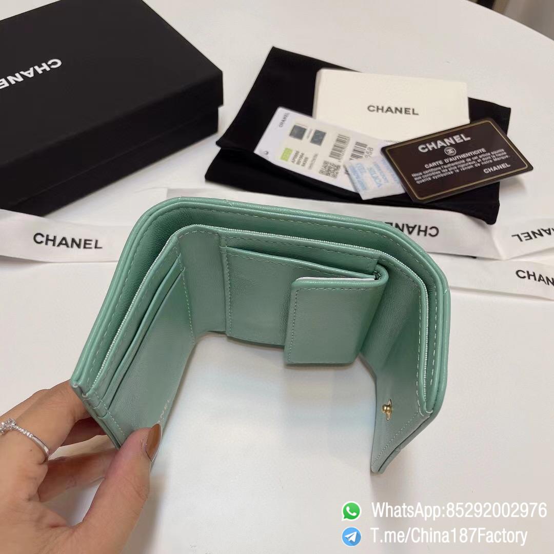 187 Factory Bags Chanel 19 Mini Three Fold Wallet Aqua Green Shiny Lambskin Gold Tone Metal 08 187 Factory Bags Chanel 19 Mini Three Fold Wallet Aqua Green Shiny Lambskin Gold Tone Metal 08