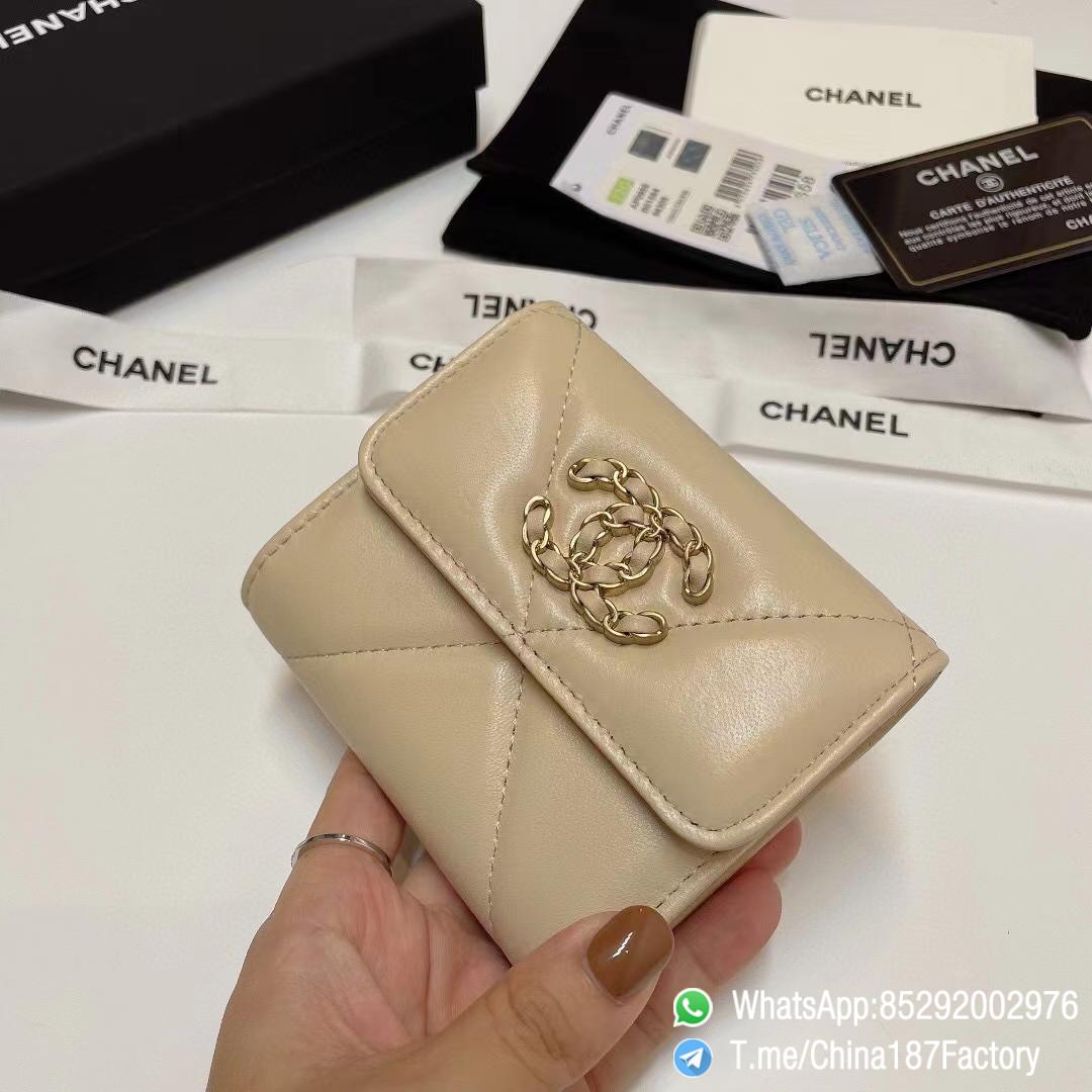 187 Factory Bags Chanel 19 Mini Three Fold Wallet Beige Shiny Lambskin Gold Tone Metal 02 187 Factory Bags Chanel 19 Mini Three Fold Wallet Beige Shiny Lambskin Gold Tone Metal 02
