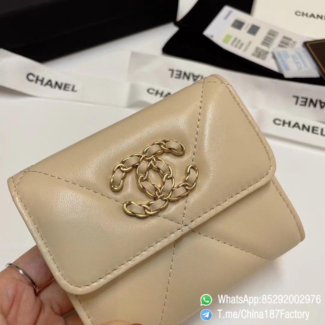 187 Factory Bags Chanel 19 Mini Three Fold Wallet Beige Shiny Lambskin Gold Tone Metal 04 187 Factory Bags Chanel 19 Mini Three Fold Wallet Beige Shiny Lambskin Gold Tone Metal 04