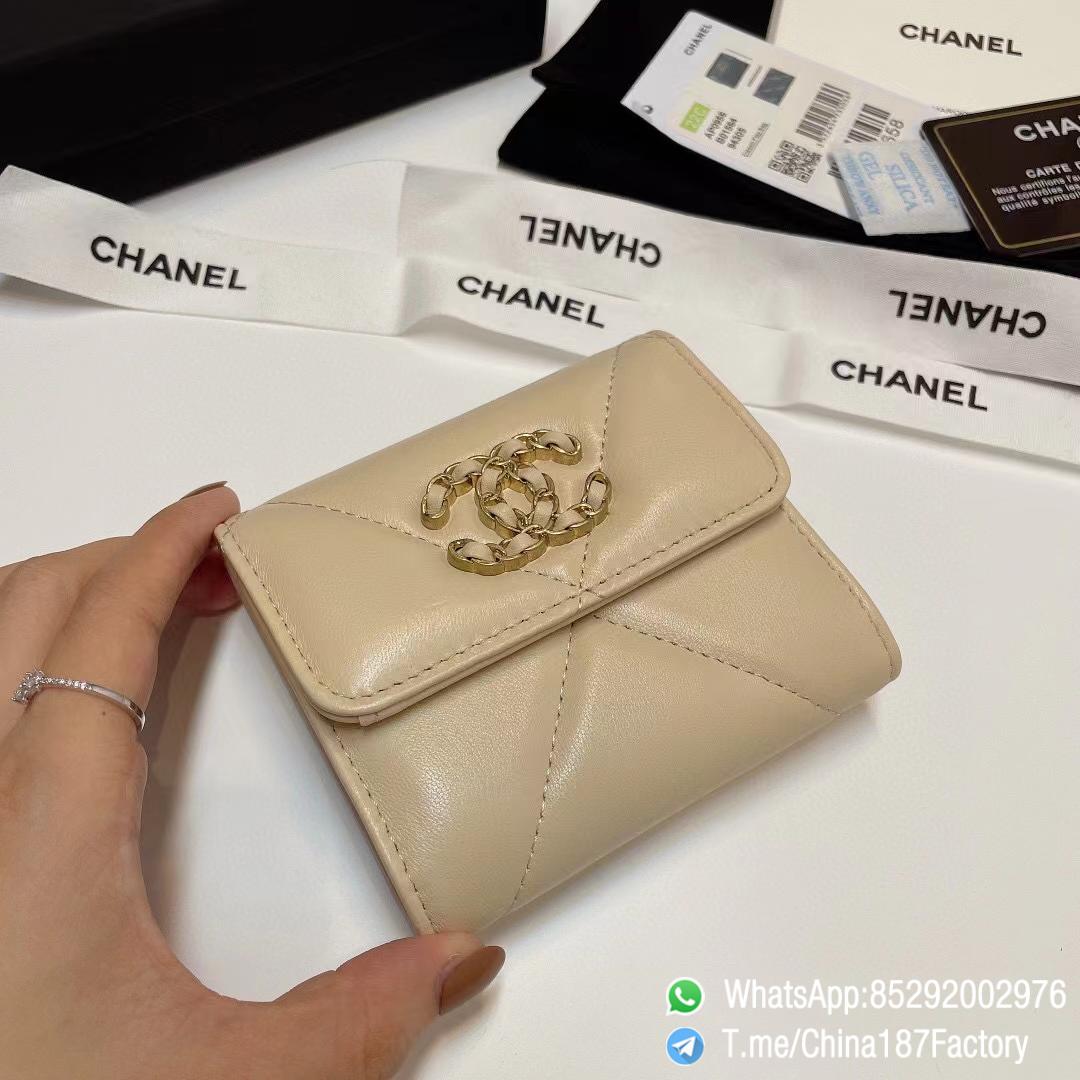 187 Factory Bags Chanel 19 Mini Three Fold Wallet Beige Shiny Lambskin Gold Tone Metal 05 187 Factory Bags Chanel 19 Mini Three Fold Wallet Beige Shiny Lambskin Gold Tone Metal 05