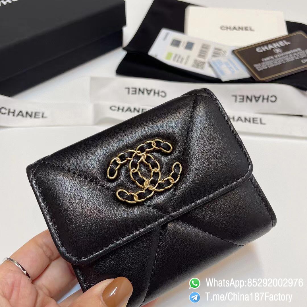 187 Factory Bags Chanel 19 Mini Three Fold Wallet Black Shiny Lambskin Gold Tone Metal 04 187 Factory Bags Chanel 19 Mini Three Fold Wallet Black Shiny Lambskin Gold Tone Metal 04