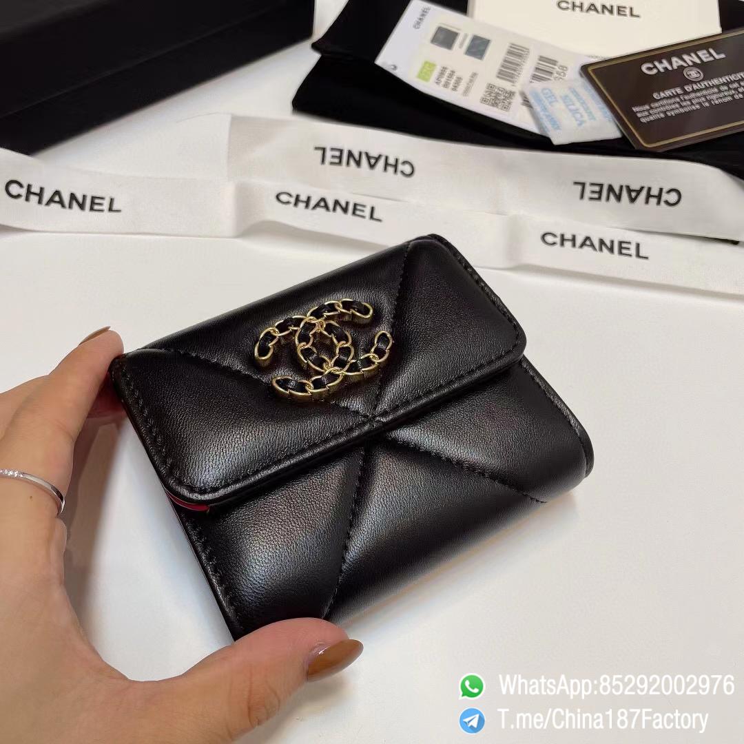 187 Factory Bags Chanel 19 Mini Three Fold Wallet Black Shiny Lambskin Gold Tone Metal 05 187 Factory Bags Chanel 19 Mini Three Fold Wallet Black Shiny Lambskin Gold Tone Metal 05