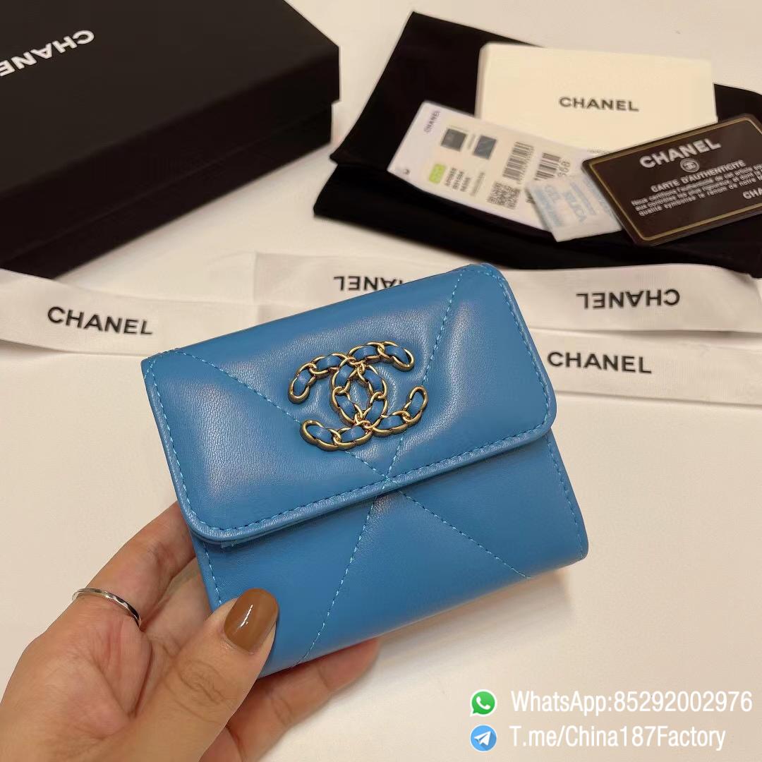 187 Factory Bags Chanel 19 Mini Three Fold Wallet Blue Shiny Lambskin Gold Tone Metal 01 187 Factory Bags Chanel 19 Mini Three Fold Wallet Blue Shiny Lambskin Gold Tone Metal 01