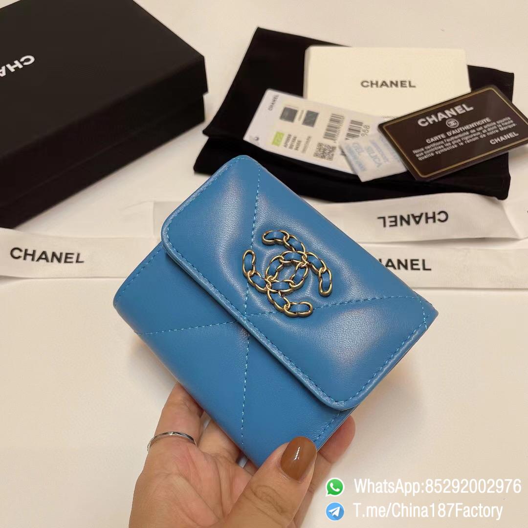 187 Factory Bags Chanel 19 Mini Three Fold Wallet Blue Shiny Lambskin Gold Tone Metal 02 187 Factory Bags Chanel 19 Mini Three Fold Wallet Blue Shiny Lambskin Gold Tone Metal 02