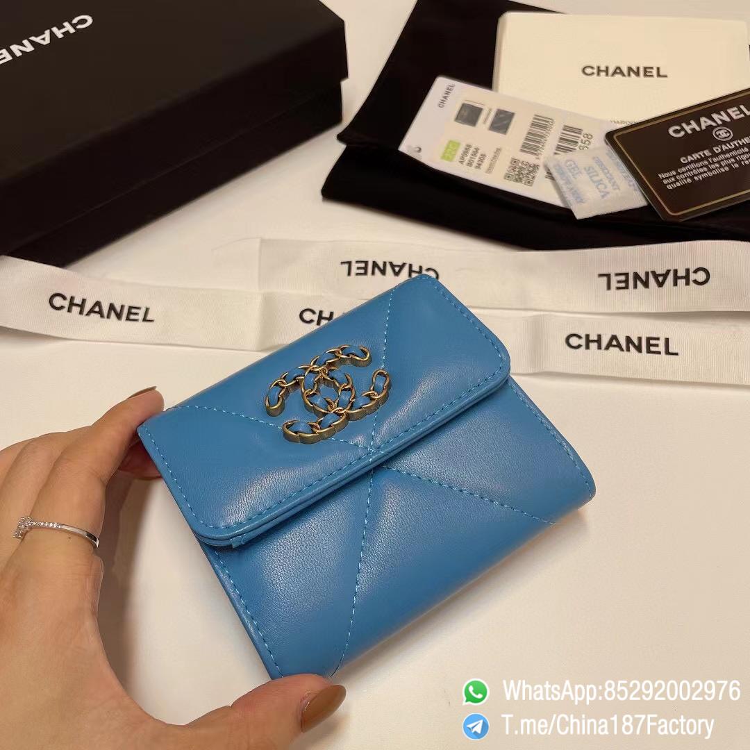187 Factory Bags Chanel 19 Mini Three Fold Wallet Blue Shiny Lambskin Gold Tone Metal 04 187 Factory Bags Chanel 19 Mini Three Fold Wallet Blue Shiny Lambskin Gold Tone Metal 04