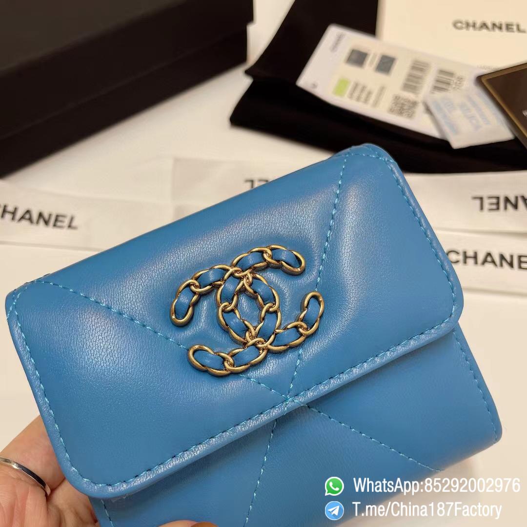 187 Factory Bags Chanel 19 Mini Three Fold Wallet Blue Shiny Lambskin Gold Tone Metal 05 187 Factory Bags Chanel 19 Mini Three Fold Wallet Blue Shiny Lambskin Gold Tone Metal 05