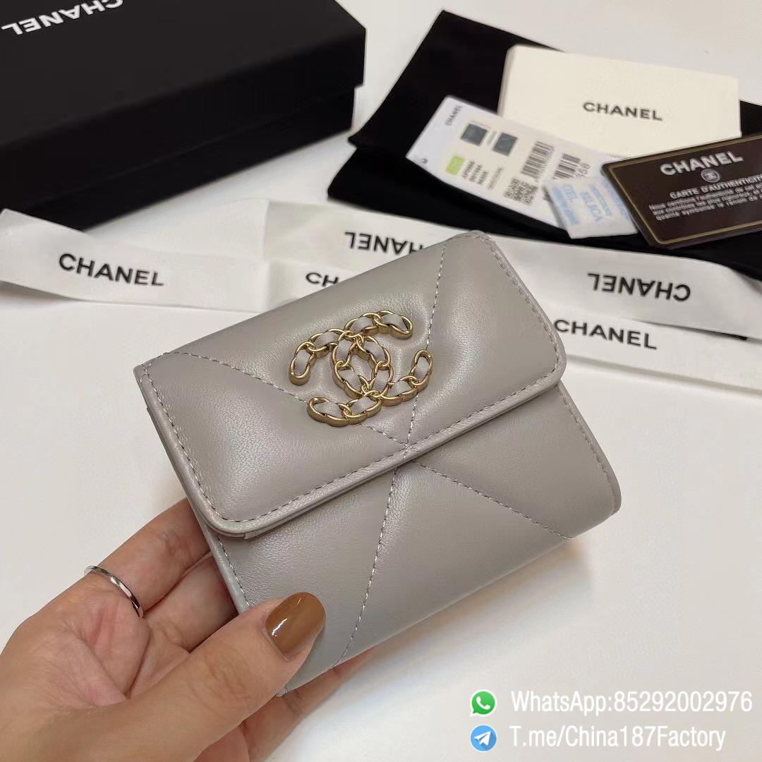187 Factory Bags Chanel 19 Mini Three Fold Wallet Pearl Gray Shiny Lambskin Gold Tone Metal 01 187 Factory Bags Chanel 19 Mini Three Fold Wallet Pearl Gray Shiny Lambskin Gold Tone Metal 01