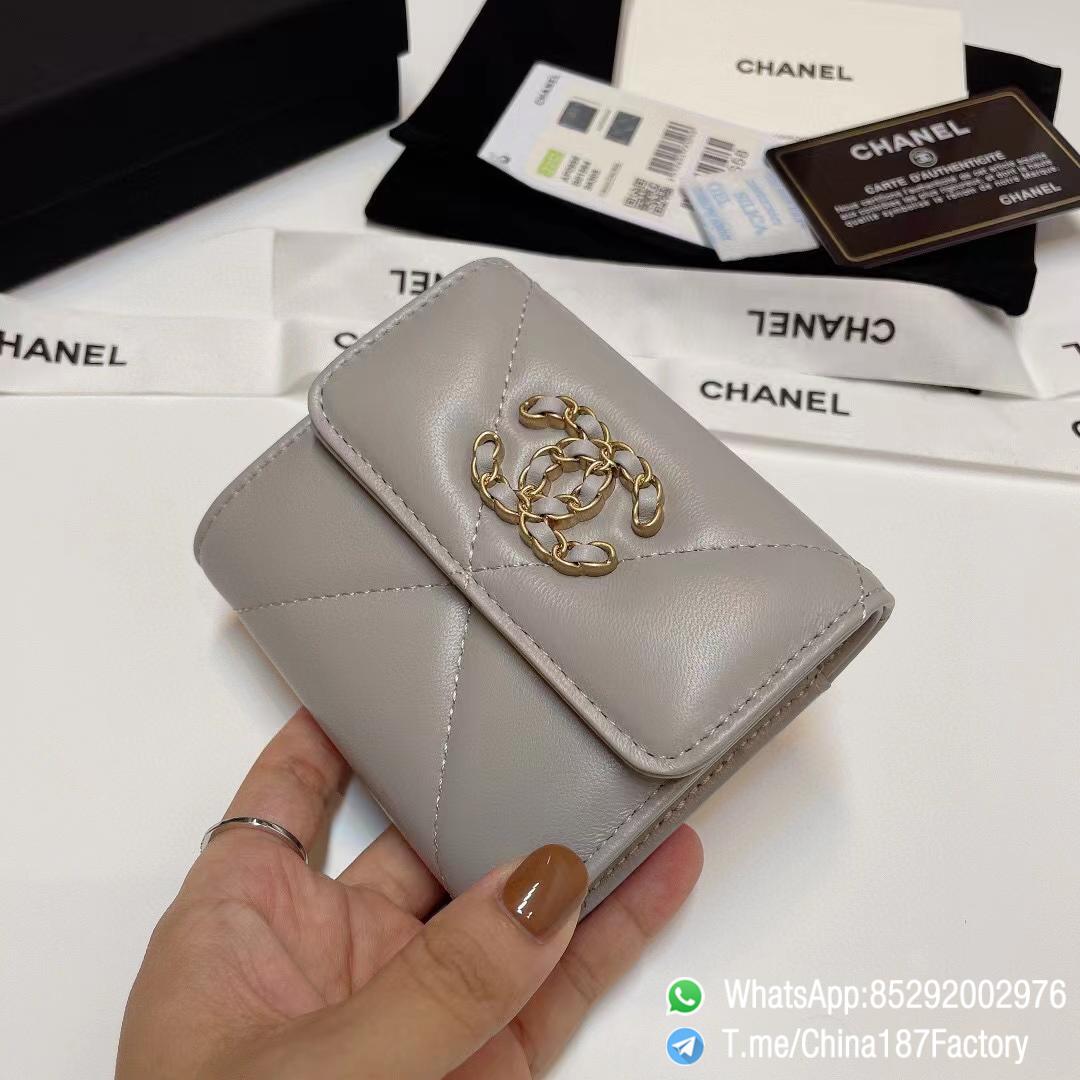 187 Factory Bags Chanel 19 Mini Three Fold Wallet Pearl Gray Shiny Lambskin Gold Tone Metal 02 187 Factory Bags Chanel 19 Mini Three Fold Wallet Pearl Gray Shiny Lambskin Gold Tone Metal 02