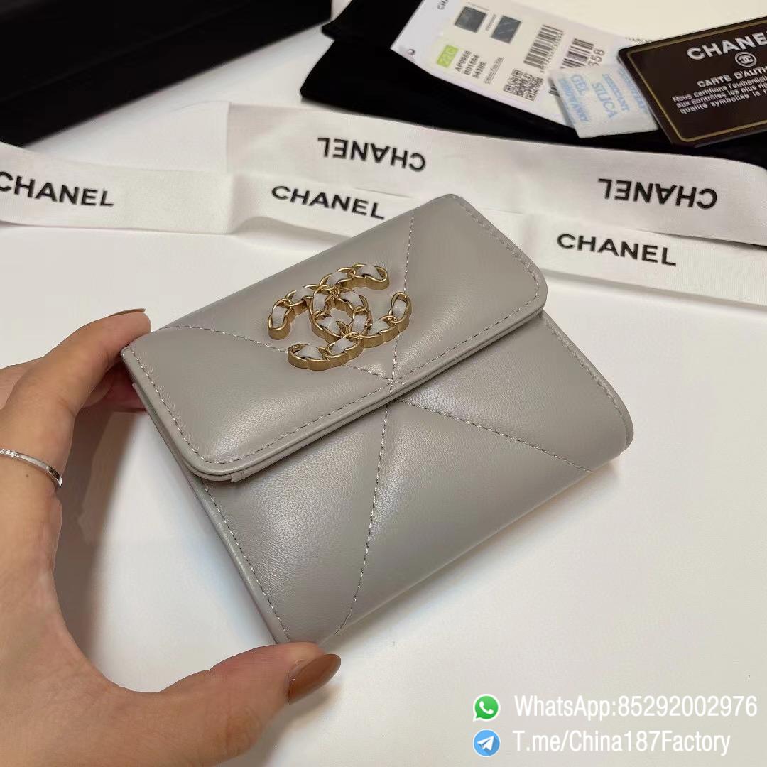 187 Factory Bags Chanel 19 Mini Three Fold Wallet Pearl Gray Shiny Lambskin Gold Tone Metal 04 187 Factory Bags Chanel 19 Mini Three Fold Wallet Pearl Gray Shiny Lambskin Gold Tone Metal 04