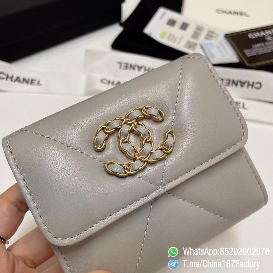 187 Factory Bags Chanel 19 Mini Three Fold Wallet Pearl Gray Shiny Lambskin Gold Tone Metal 05 187 Factory Bags Chanel 19 Mini Three Fold Wallet Pearl Gray Shiny Lambskin Gold Tone Metal 05