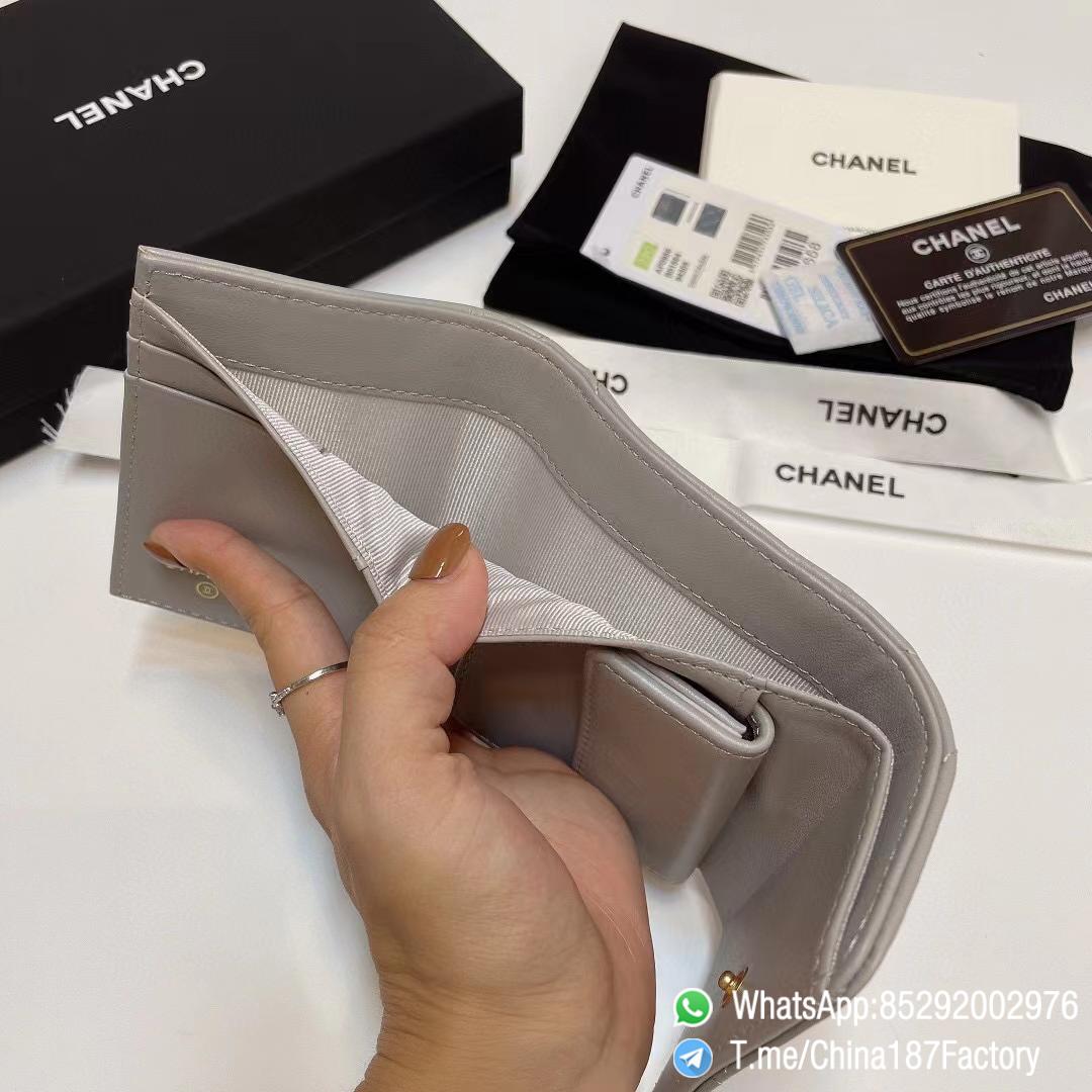 187 Factory Bags Chanel 19 Mini Three Fold Wallet Pearl Gray Shiny Lambskin Gold Tone Metal 09 187 Factory Bags Chanel 19 Mini Three Fold Wallet Pearl Gray Shiny Lambskin Gold Tone Metal 09
