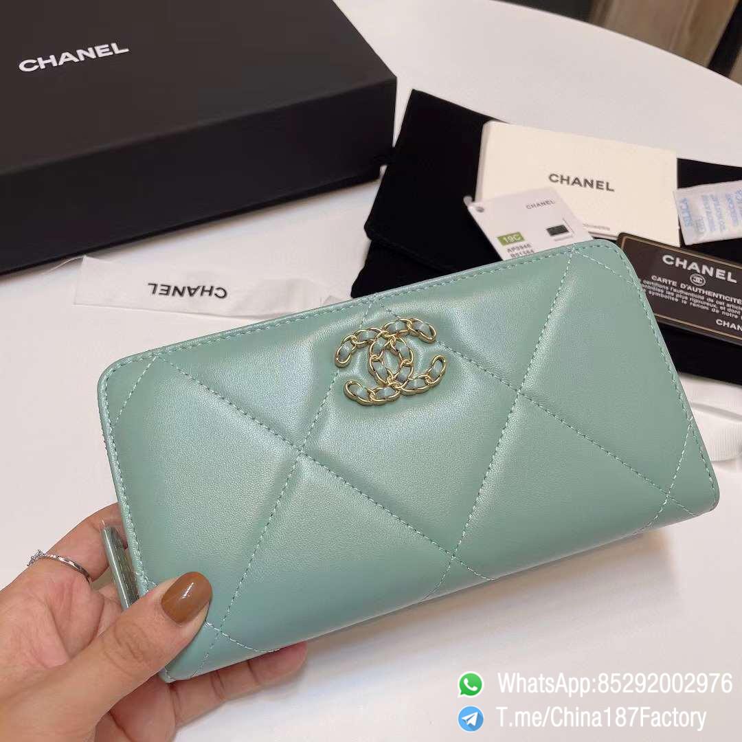 187 Factory Bags Chanel 19 Zipped Long Wallet Aqua Green Shiny Lambskin Gold Tone Metal 01 187 Factory Bags Chanel 19 Zipped Long Wallet Aqua Green Shiny Lambskin Gold Tone Metal 01