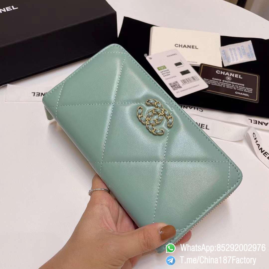 187 Factory Bags Chanel 19 Zipped Long Wallet Aqua Green Shiny Lambskin Gold Tone Metal 02 187 Factory Bags Chanel 19 Zipped Long Wallet Aqua Green Shiny Lambskin Gold Tone Metal 02