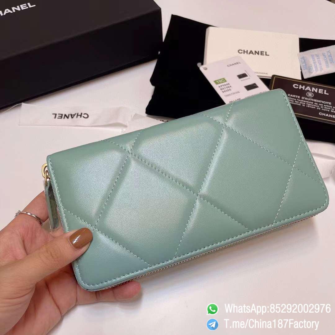 187 Factory Bags Chanel 19 Zipped Long Wallet Aqua Green Shiny Lambskin Gold Tone Metal 03 187 Factory Bags Chanel 19 Zipped Long Wallet Aqua Green Shiny Lambskin Gold Tone Metal 03