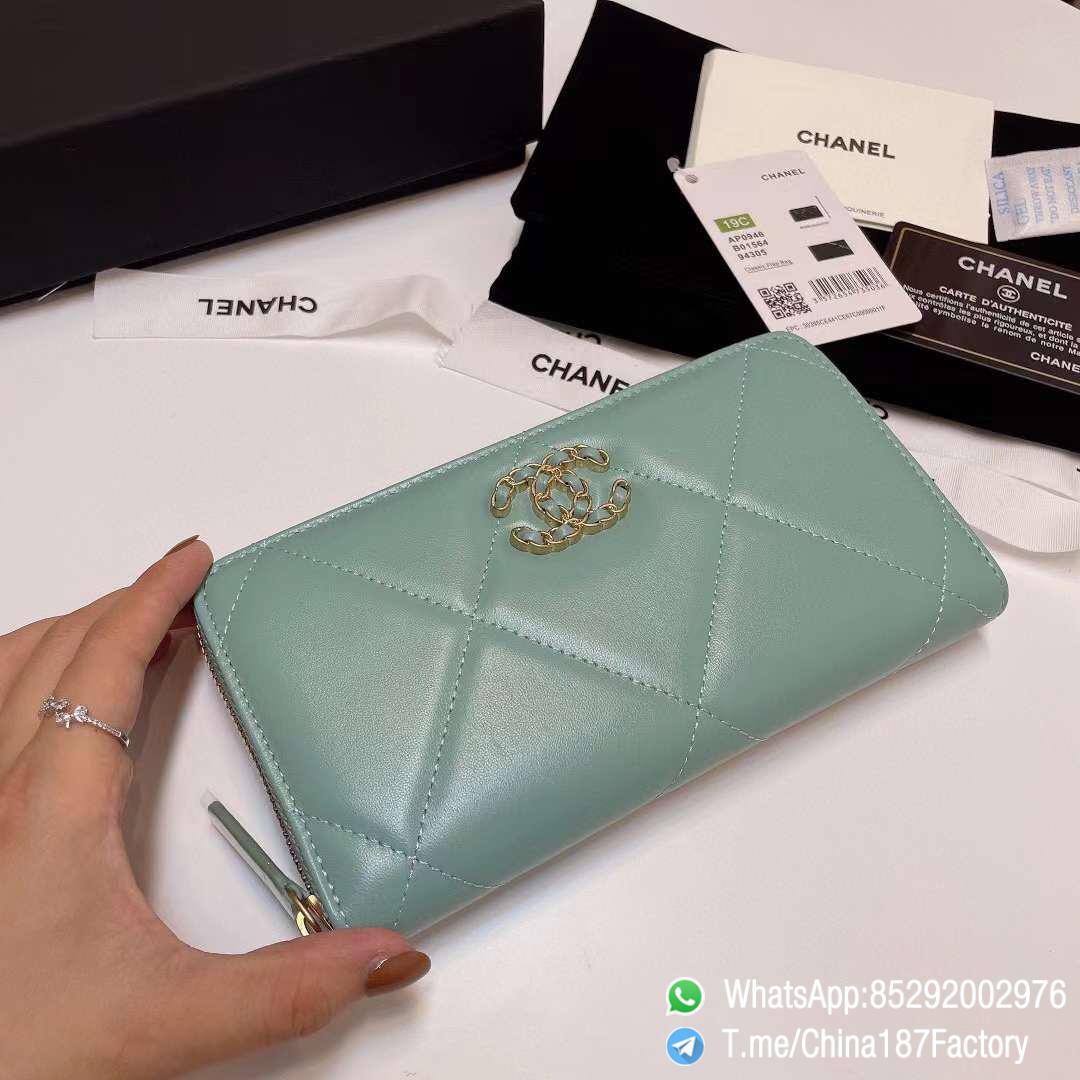 187 Factory Bags Chanel 19 Zipped Long Wallet Aqua Green Shiny Lambskin Gold Tone Metal 04 187 Factory Bags Chanel 19 Zipped Long Wallet Aqua Green Shiny Lambskin Gold Tone Metal 04