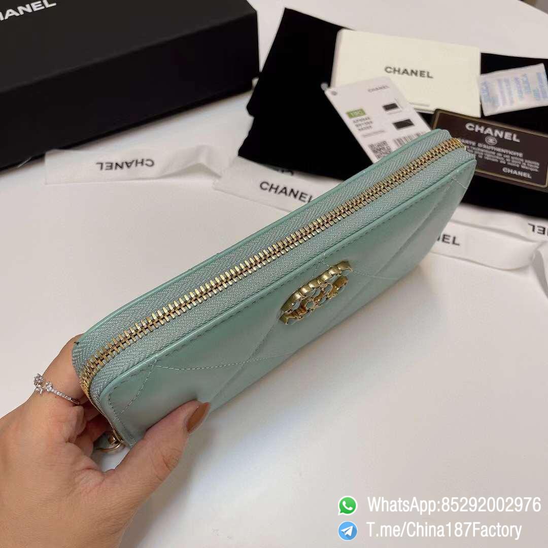 187 Factory Bags Chanel 19 Zipped Long Wallet Aqua Green Shiny Lambskin Gold Tone Metal 05 187 Factory Bags Chanel 19 Zipped Long Wallet Aqua Green Shiny Lambskin Gold Tone Metal 05