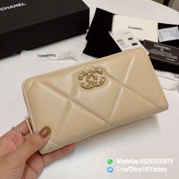 187 Factory Bags Chanel 19 Zipped Long Wallet Beige Shiny Lambskin Gold Tone Metal 01