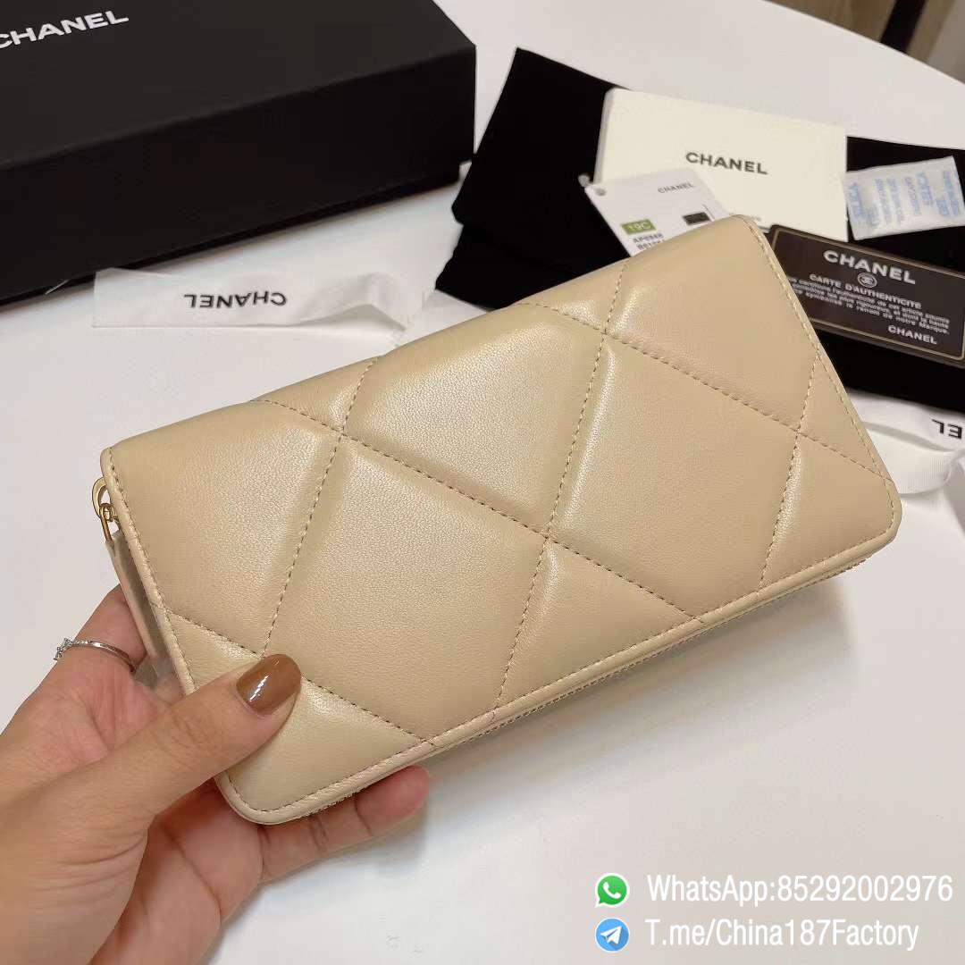 187 Factory Bags Chanel 19 Zipped Long Wallet Beige Shiny Lambskin Gold Tone Metal 03 187 Factory Bags Chanel 19 Zipped Long Wallet Beige Shiny Lambskin Gold Tone Metal 03