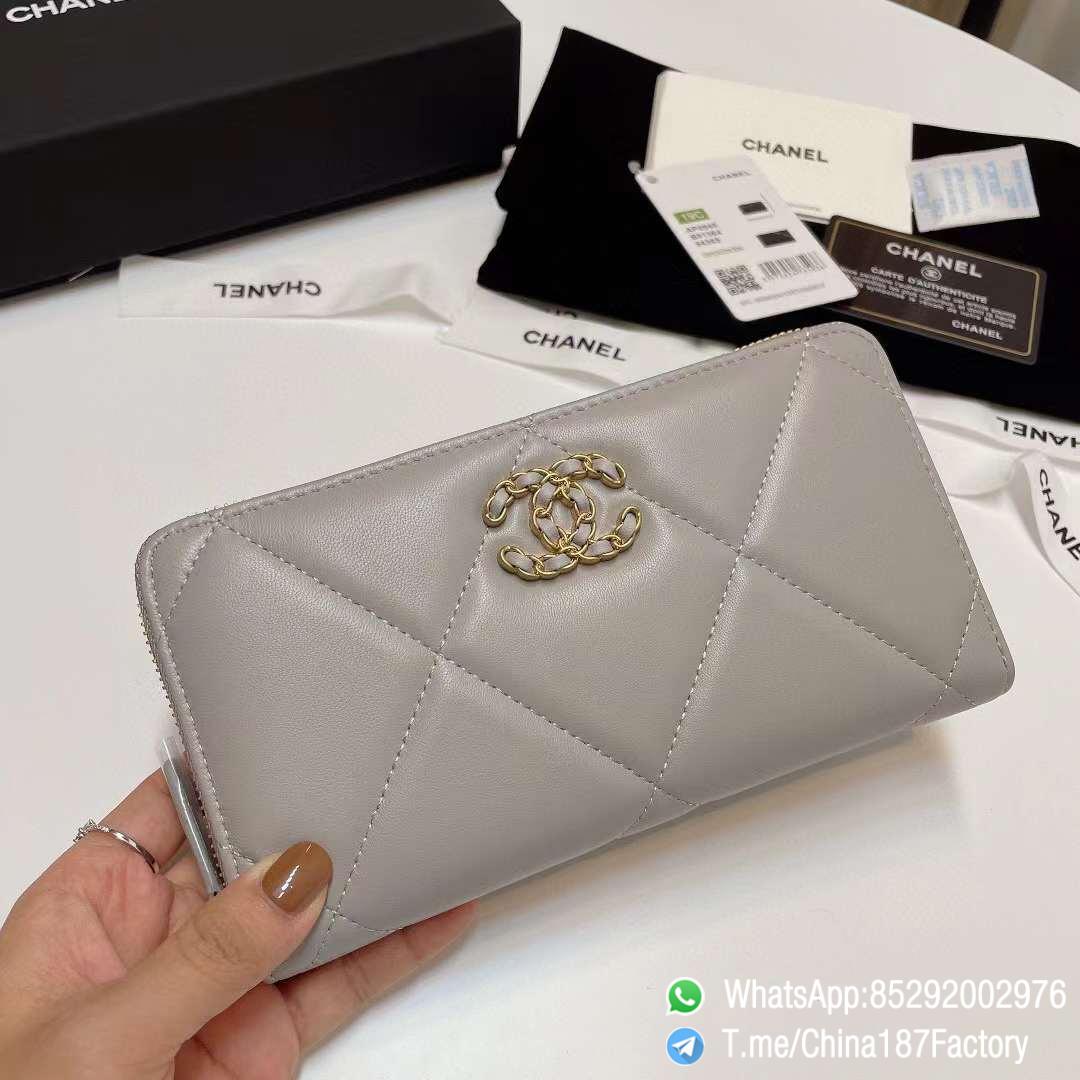 187 Factory Bags Chanel 19 Zipped Long Wallet Pearl Grey Shiny Lambskin Gold Tone Metal 01 187 Factory Bags Chanel 19 Zipped Long Wallet Pearl Grey Shiny Lambskin Gold Tone Metal 01