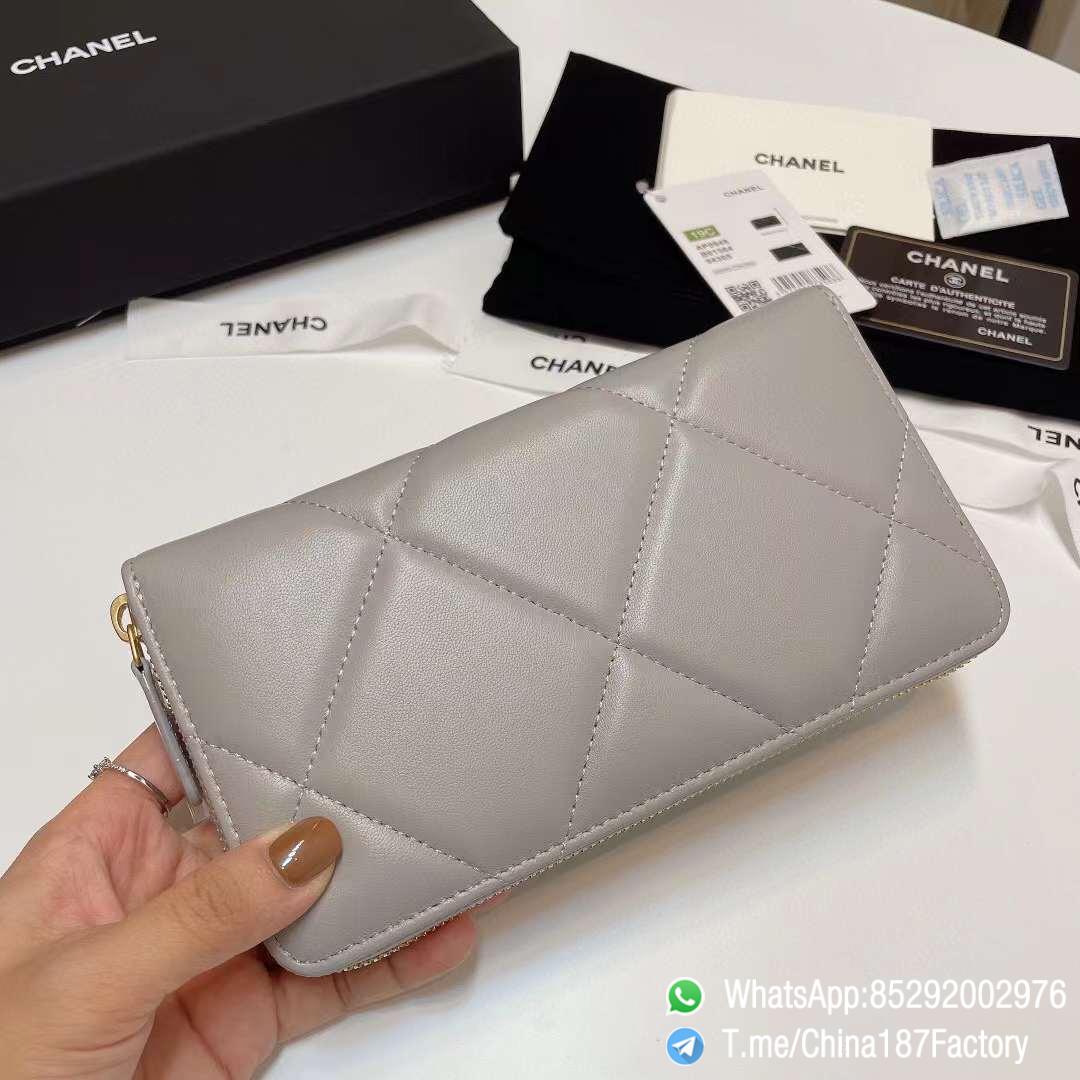 187 Factory Bags Chanel 19 Zipped Long Wallet Pearl Grey Shiny Lambskin Gold Tone Metal 02 187 Factory Bags Chanel 19 Zipped Long Wallet Pearl Grey Shiny Lambskin Gold Tone Metal 02