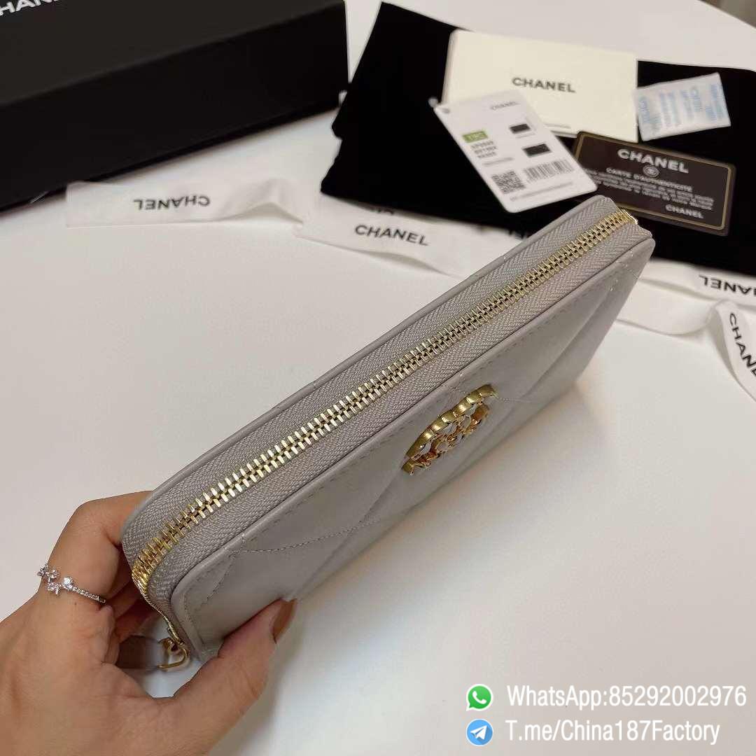187 Factory Bags Chanel 19 Zipped Long Wallet Pearl Grey Shiny Lambskin Gold Tone Metal 05 187 Factory Bags Chanel 19 Zipped Long Wallet Pearl Grey Shiny Lambskin Gold Tone Metal 05