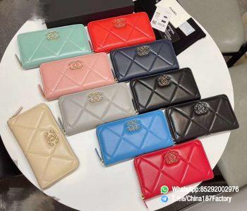 187 Factory Bags Chanel 19 Zipped Long Wallet Shiny Lambskin Gold Tone Silver Tone Metal 03