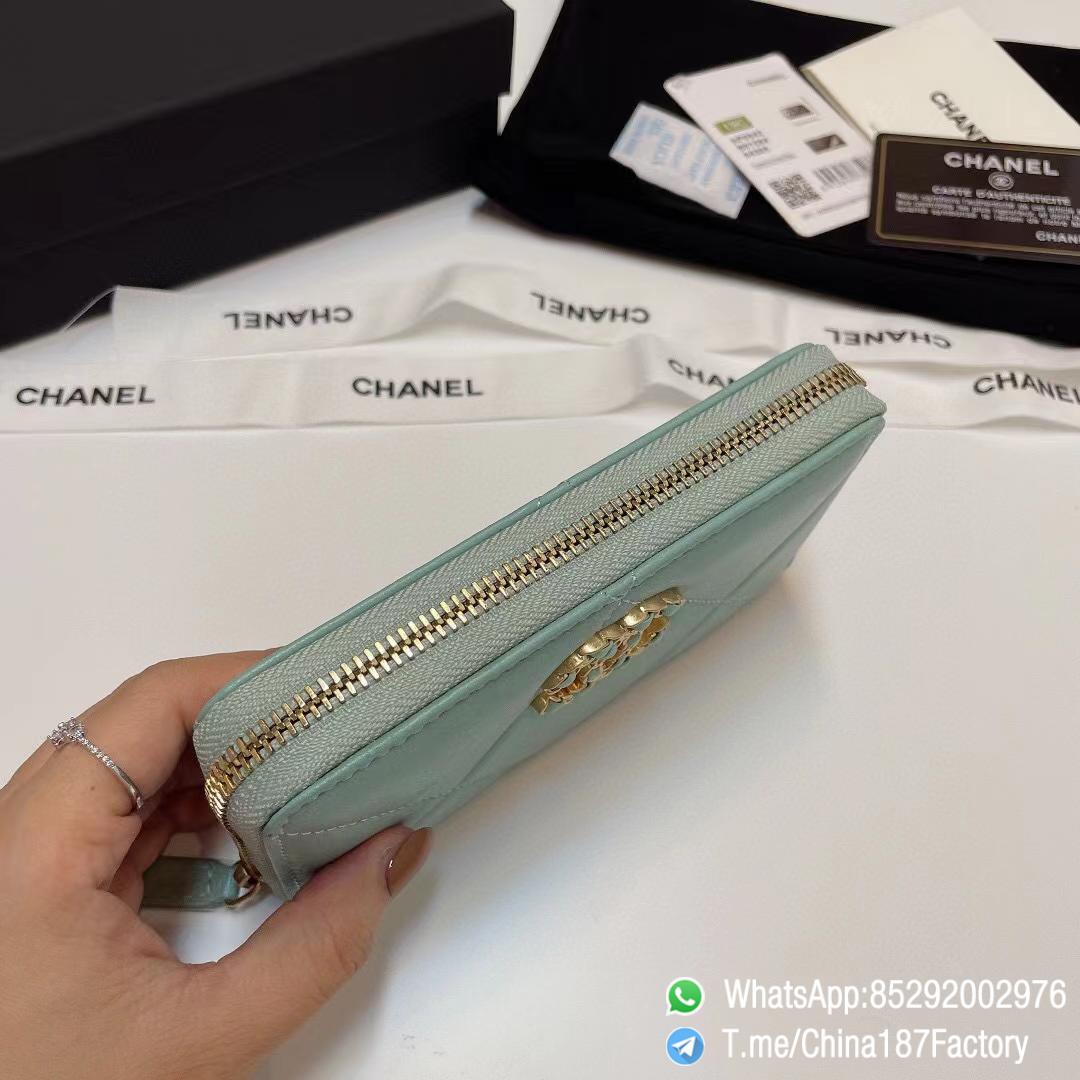 187 Factory Middle Chanel 19 Zipped Wallet Aqua Green Shiny Lambskin Gold Tone Metal 04 187 Factory Middle Chanel 19 Zipped Wallet Aqua Green Shiny Lambskin Gold Tone Metal 04