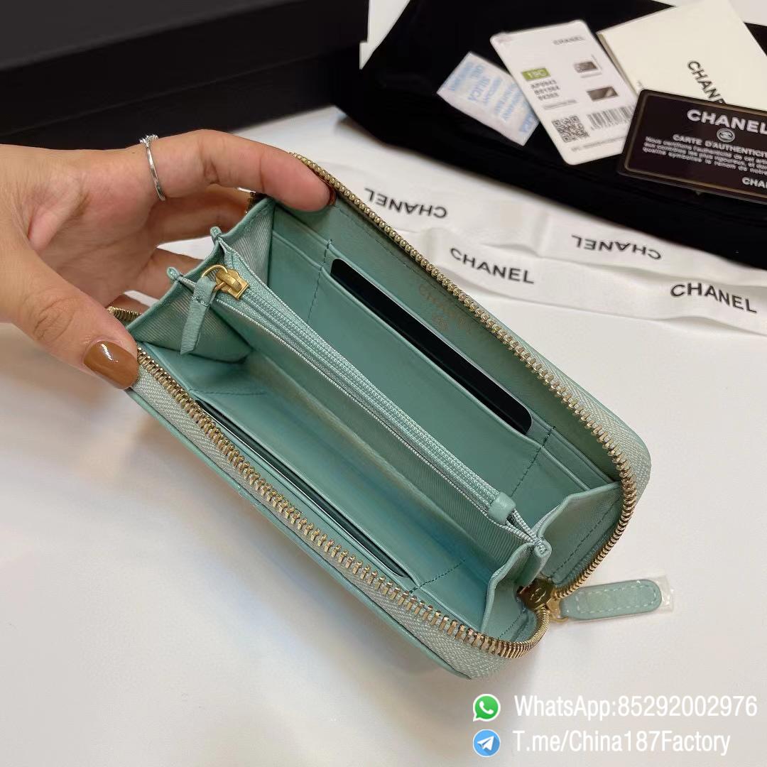 187 Factory Middle Chanel 19 Zipped Wallet Aqua Green Shiny Lambskin Gold Tone Metal 07 187 Factory Middle Chanel 19 Zipped Wallet Aqua Green Shiny Lambskin Gold Tone Metal 07