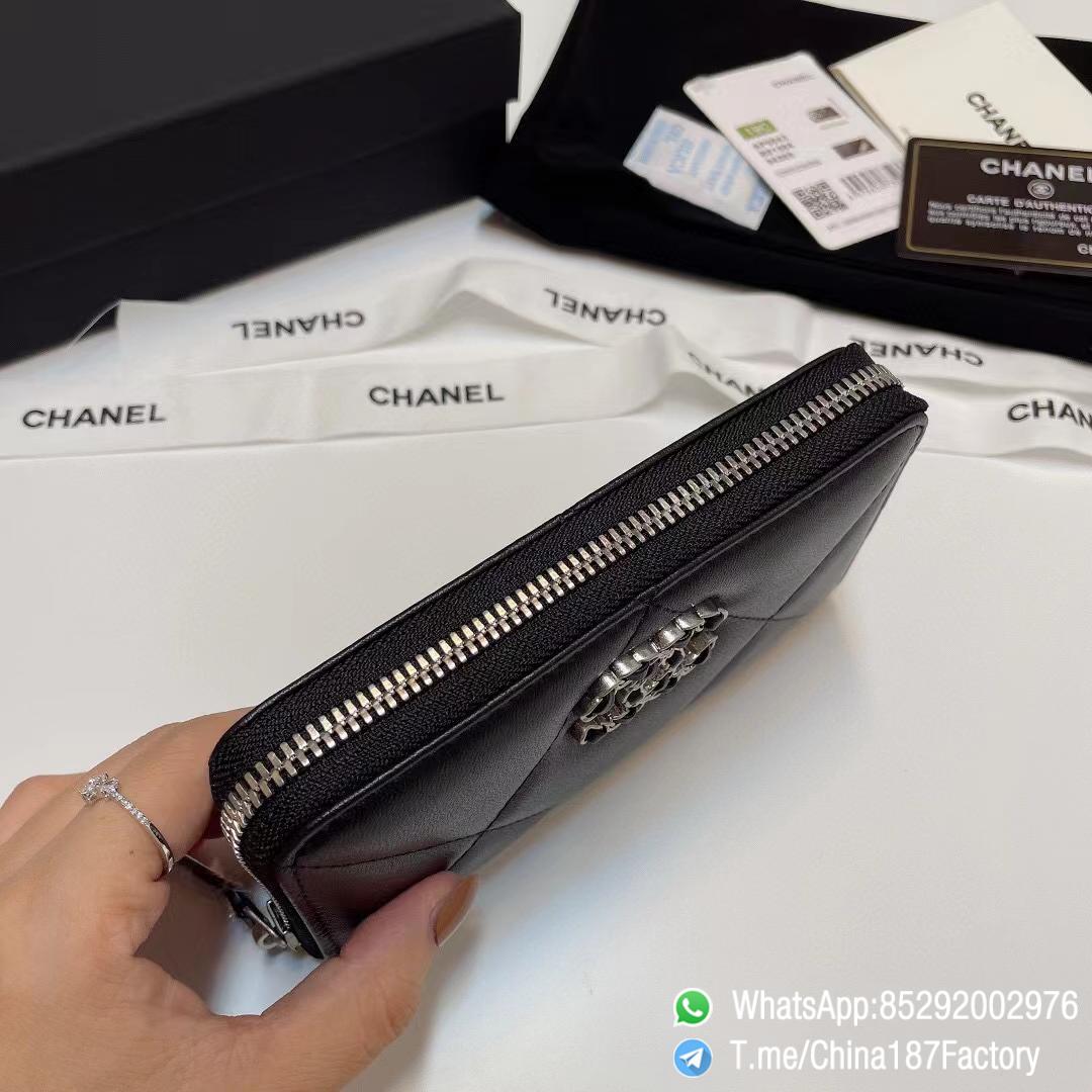 187 Factory Middle Chanel 19 Zipped Wallet Black Shiny Lambskin Silver Tone Metal 05 187 Factory Middle Chanel 19 Zipped Wallet Black Shiny Lambskin Silver Tone Metal 05